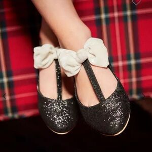 Janie and Jack Glitter Bow T-Strap Flat Black Glitter Kids Shoes Size 2